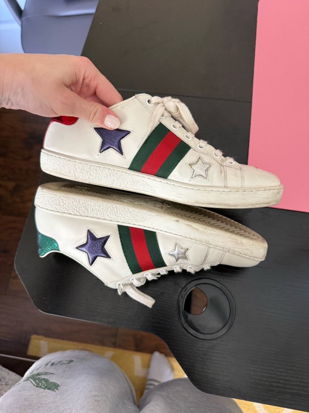 Gucci White Leather Sneakers with Red Stars and Green-Red Web - Picture 7 of 7
